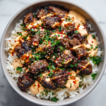 Korean BBQ Steak Rice Bowls with Spicy Cream Sauce